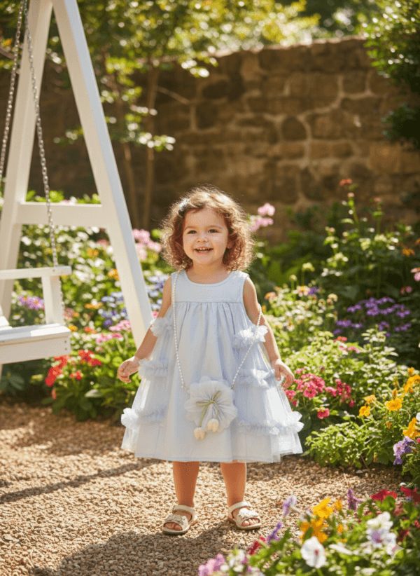 Blue Cotton & Net Party Dress with Matching Floral Bag (9-12 months)