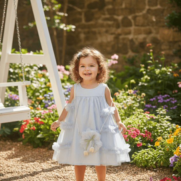 Blue Cotton & Net Party Dress with Matching Floral Bag (12-18 Months)