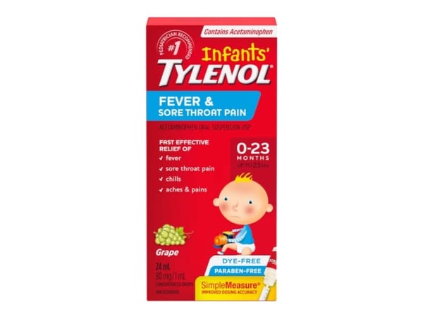 Infants’ Tylenol Fever & Sore Throat Pain Relief Drops – Grape (24mL)