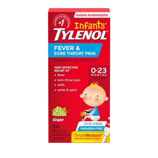Infants’ Tylenol Fever & Sore Throat Pain Relief Drops – Grape (24mL)