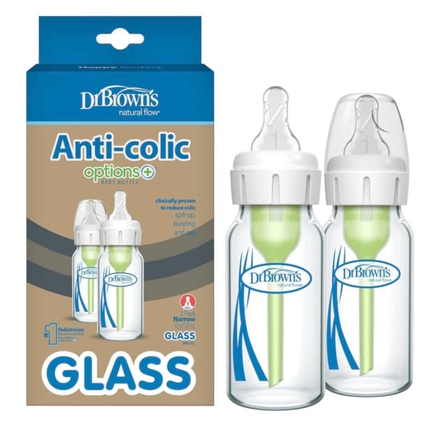 Dr. Brown’s Natural Flow Anti-Colic Options+ Narrow Glass Baby Bottles (4oz, 2-Pack)