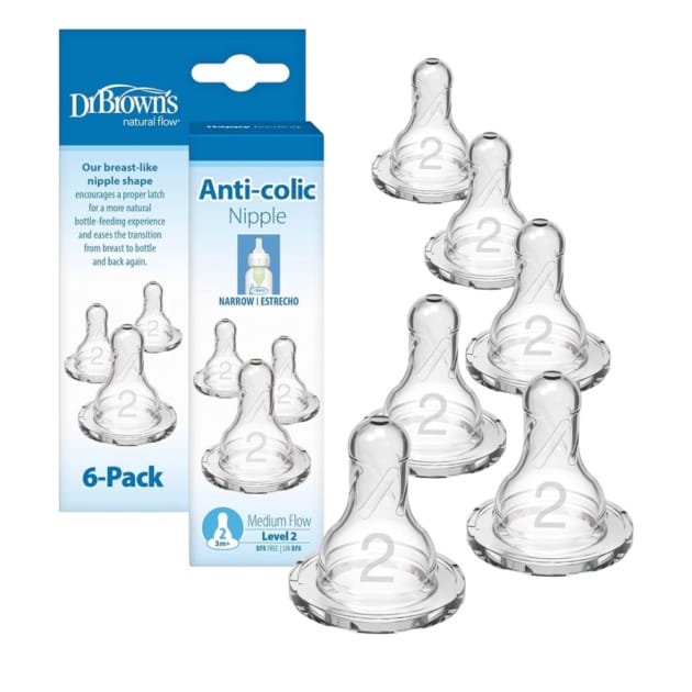 Dr. Brown’s Level 2 Narrow Bottle Nipples (6-Pack) – 3m+