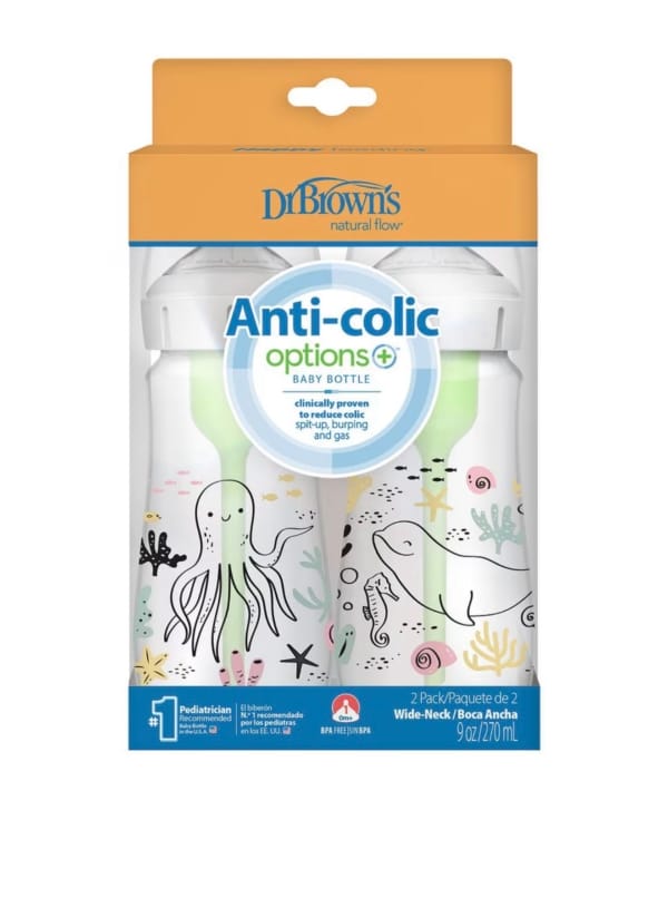 Dr. Brown’s Anti-Colic Options+ Wide-Neck Baby Bottles – Ocean Friends (2 Pack, 9oz/270ml)