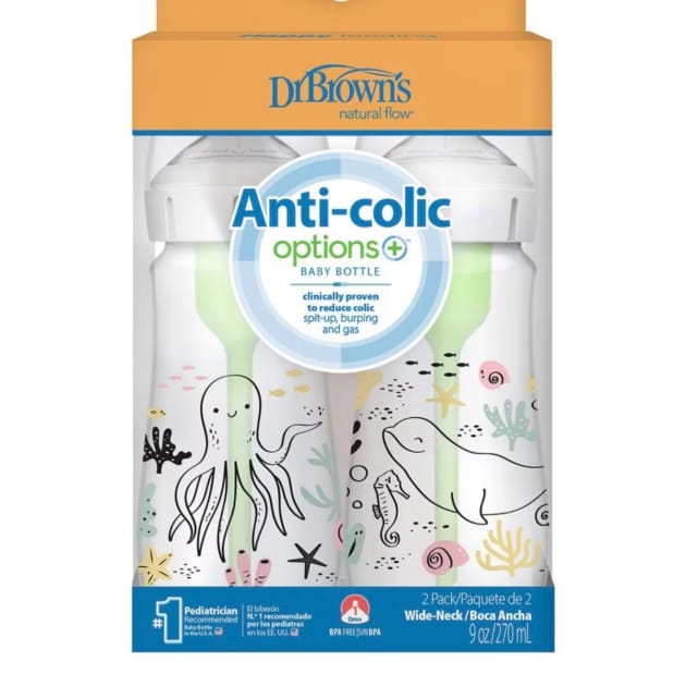 Dr. Brown’s Anti-Colic Options+ Wide-Neck Baby Bottles – Ocean Friends (2 Pack, 9oz/270ml)