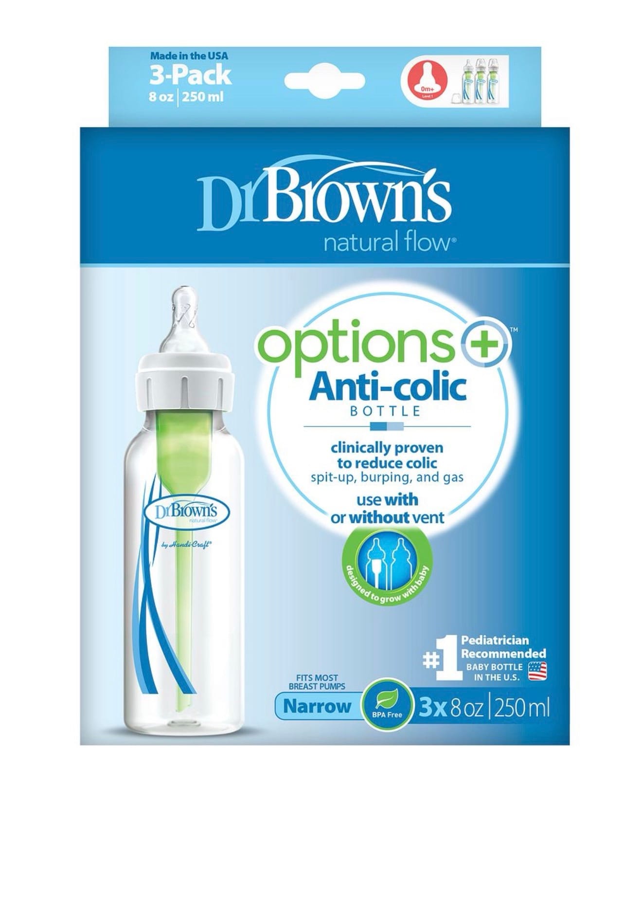 Dr. Brown’s Options+ Anti-Colic Narrow Baby Bottles – 8oz/250ml (Pack of 3) - Image 2