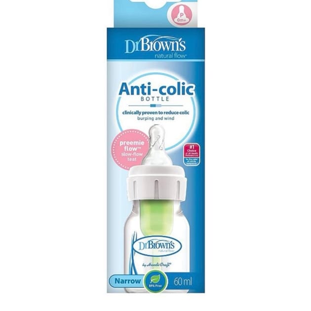Dr. Brown’s Anti-Colic Narrow Baby Bottle Glass – 60ml with Preemie Flow Teat