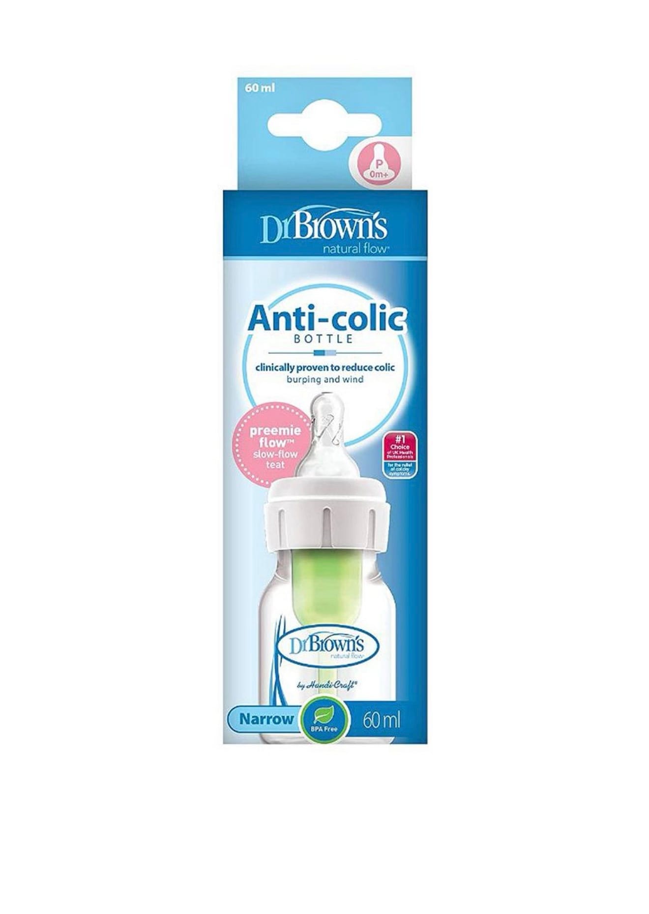 Dr. Brown’s Anti-Colic Narrow Baby Bottle Glass – 60ml with Preemie Flow Teat