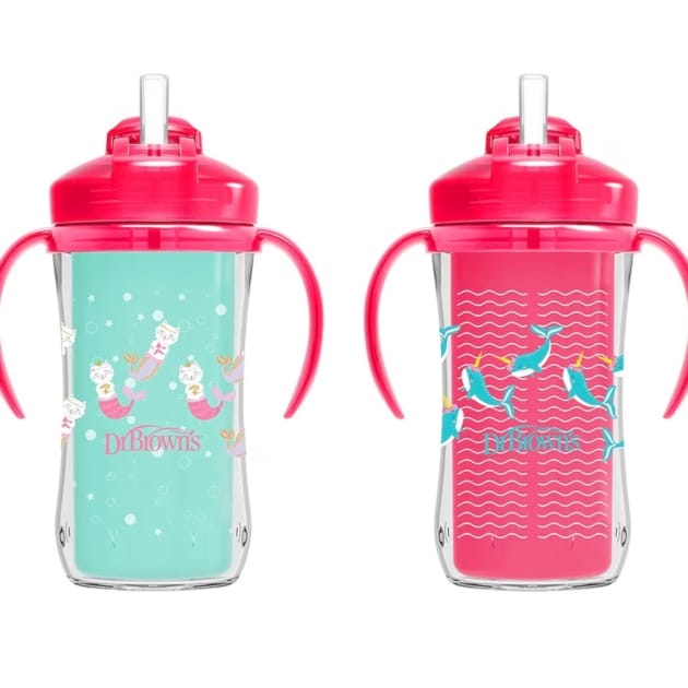 Dr. Brown’s Milestones Insulated Straw Sippy Cups – 2 Pack (Pink Narwhal & Mermaid Cat, 300mL)