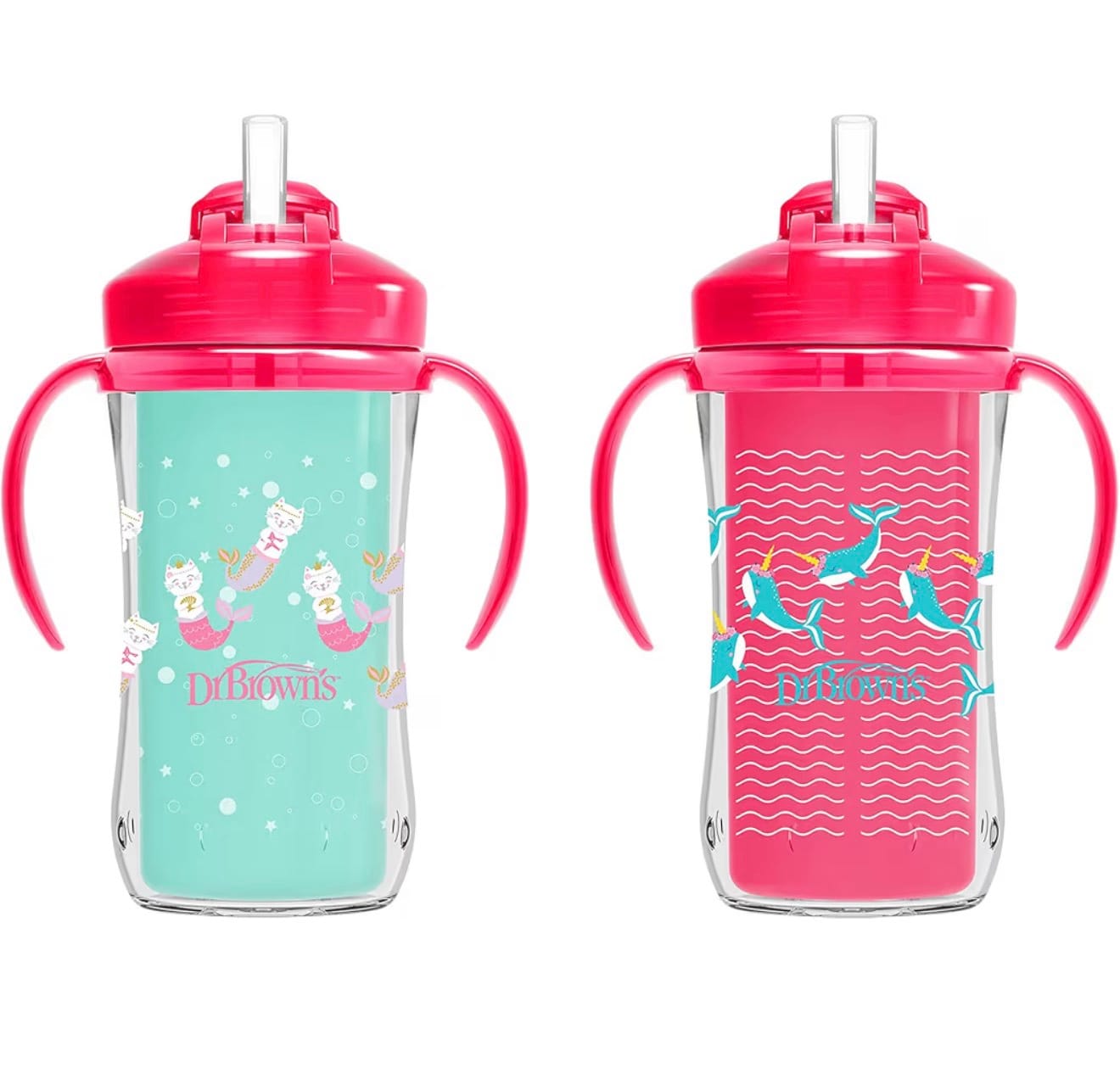 Dr. Brown’s Milestones Insulated Straw Sippy Cups – 2 Pack (Pink Narwhal & Mermaid Cat, 300mL)