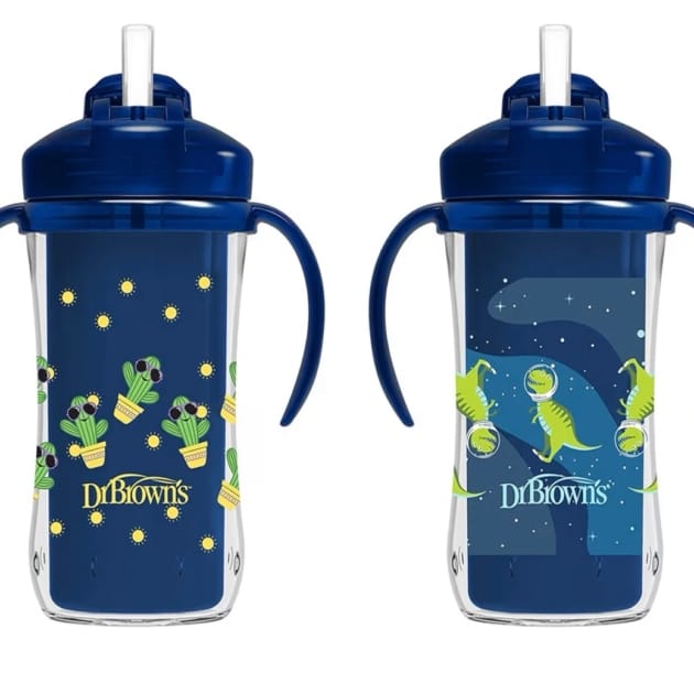 Dr. Brown’s Milestones Insulated Straw Sippy Cups – 2 Pack (Blue Cactus & T-Rex Astronaut, 300mL)