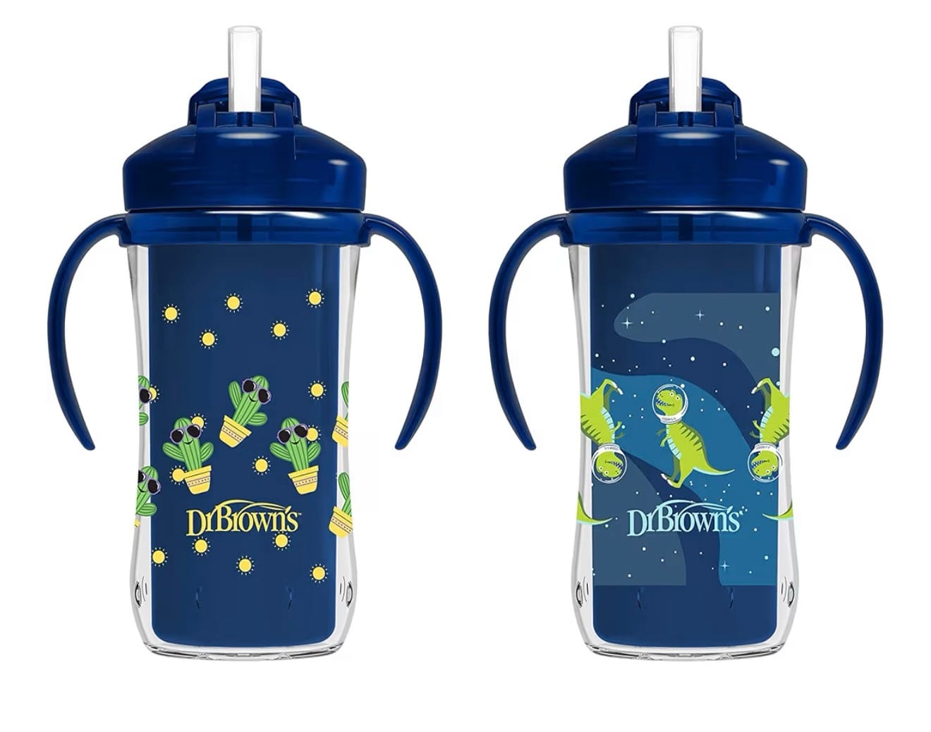 Dr. Brown’s Milestones Insulated Straw Sippy Cups – 2 Pack (Blue Cactus & T-Rex Astronaut, 300mL)
