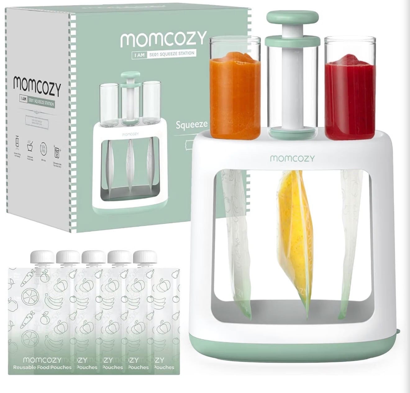 Momcozy Squeeze Station for Homemade Baby Food + Reusable Food Pouches
