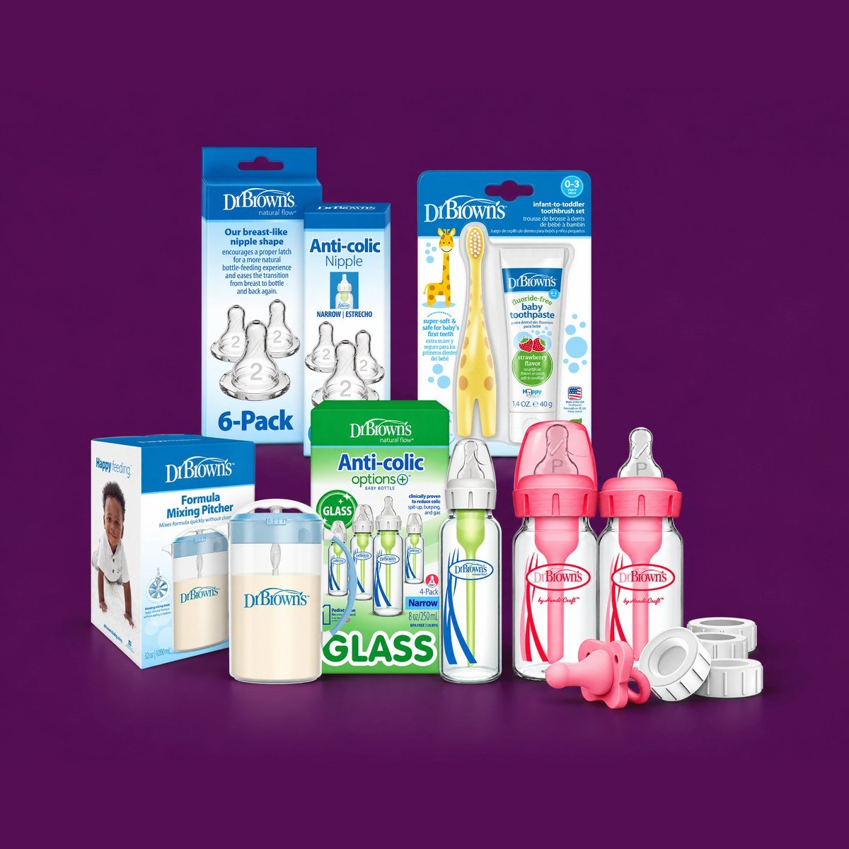 Dr Brown's anti colic bottles, nipples and baby toothbrush set