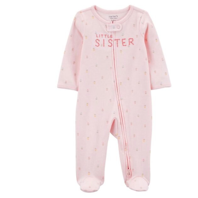 Carter’s Child of Mine Baby Girls’ 2-Way Zip Cotton Sleeper – Little Sister | 3–6 Months