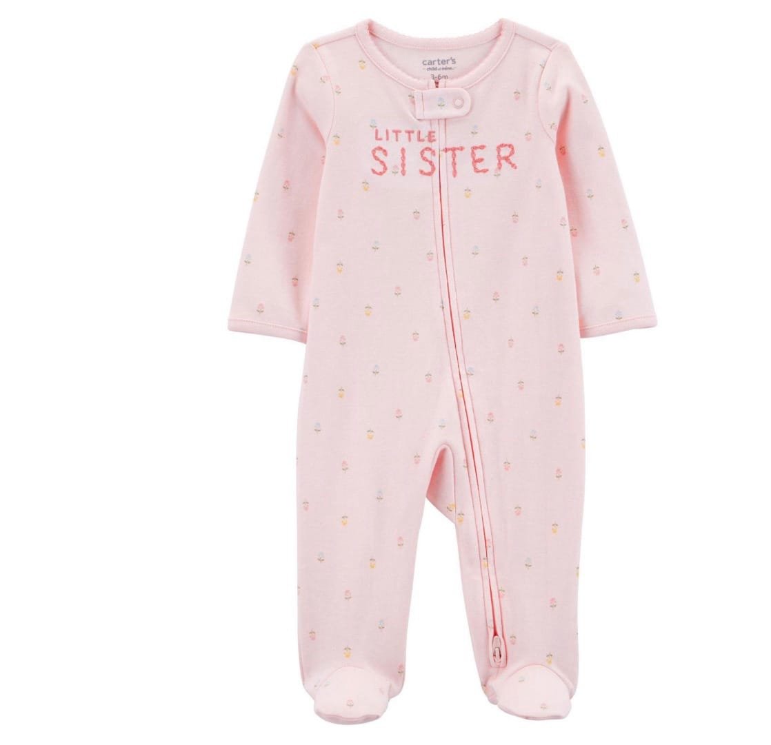 Carter’s Child of Mine Baby Girls’ 2-Way Zip Cotton Sleeper – Little Sister | 3–6 Months