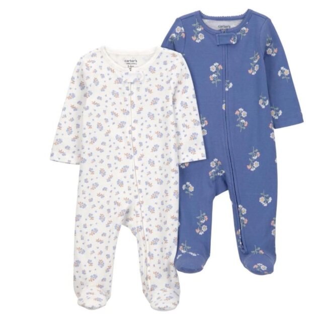 Carter’s Child of Mine Baby Girls’ 2-Pack Cotton Footed Sleepers – Floral | 0–3 Months