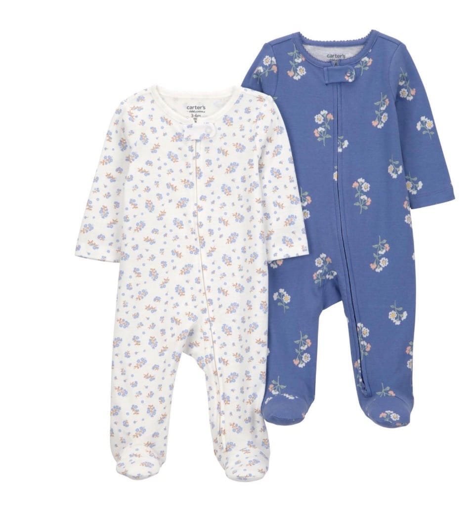 Carter’s Child of Mine Baby Girls’ 2-Pack Cotton Footed Sleepers – Floral | 0–3 Months