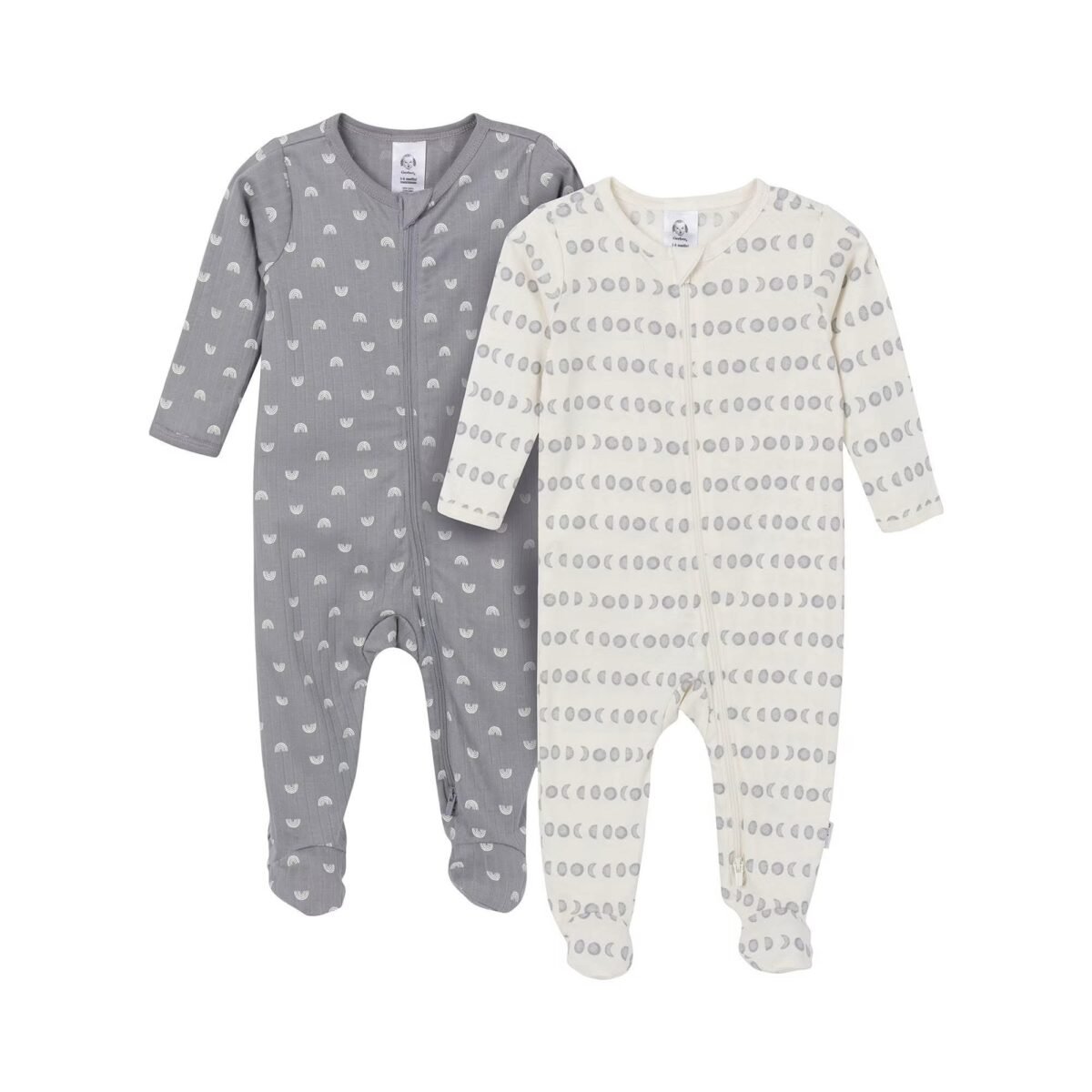 Gerber Baby 2-Pack Footed Zip Sleepers – Grey & Moon Print | 6–9 Months