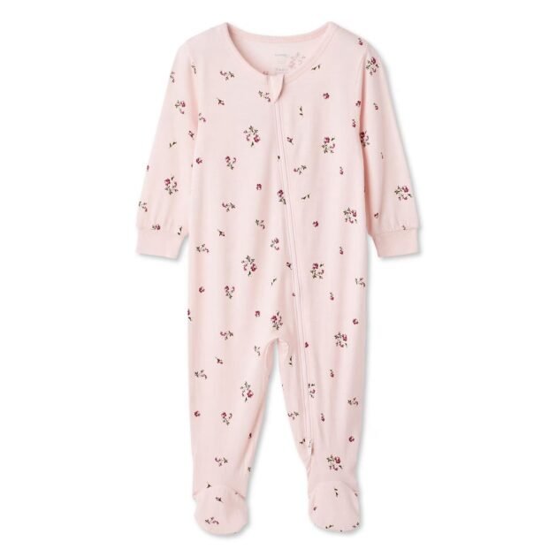 George Baby Girls’ Floral Zip-Up Footed Sleepsuit – Pink | 6–12 Months